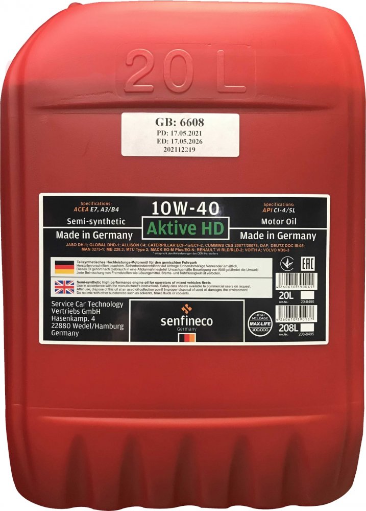 Масло моторное Senfineco Aktive HD 10W-40 CI-4/SL E7 A3/B4 20 л SENFINECO 208495
